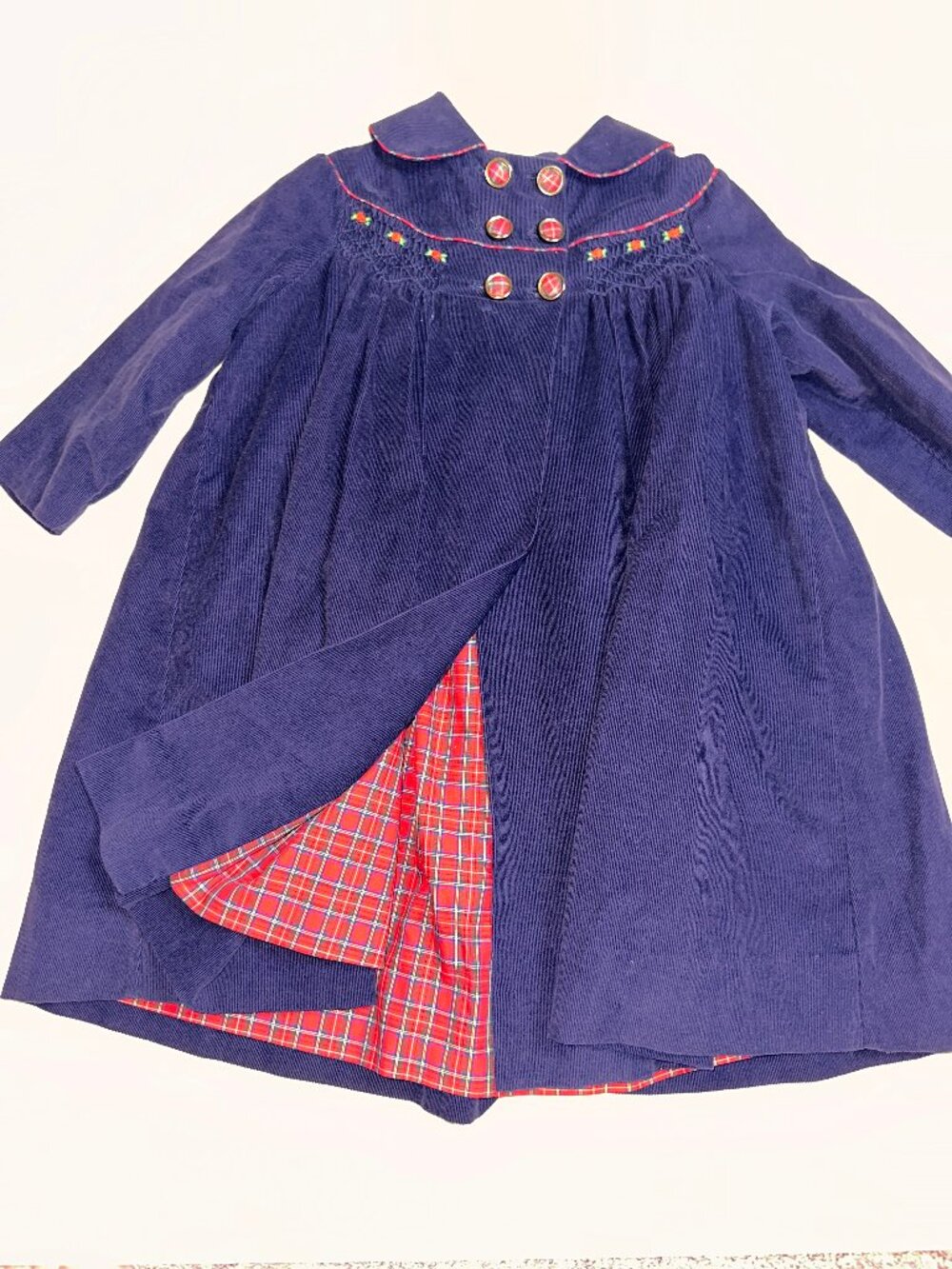 VTG Coat Size 4T Navy Blue Plaid Accent Collar Button Front jacket corduroy 682